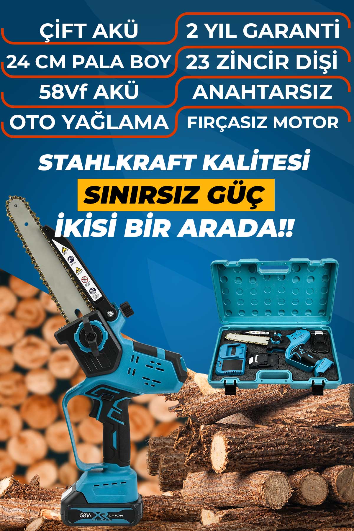 STAHLKRAFT STH 6324 58Vf Dijital Kömürsüz Oto. Yağlı 24 cm Pala Akülü Dal Budama Testeresi