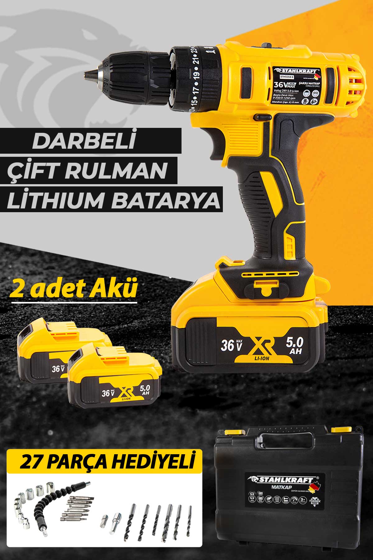 STAHLKRAFT STH 9323 S 58 VF Darbeli Çift Akülü Li-ion Bataryalı 24 Parça Matkap