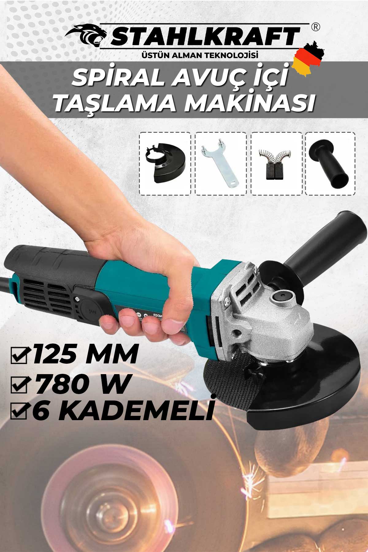 STAHLKRAFT STH 9854 6 Kademe Devir Ayarlı 780W 125 mm Spral Avuç İçi Taşlama 