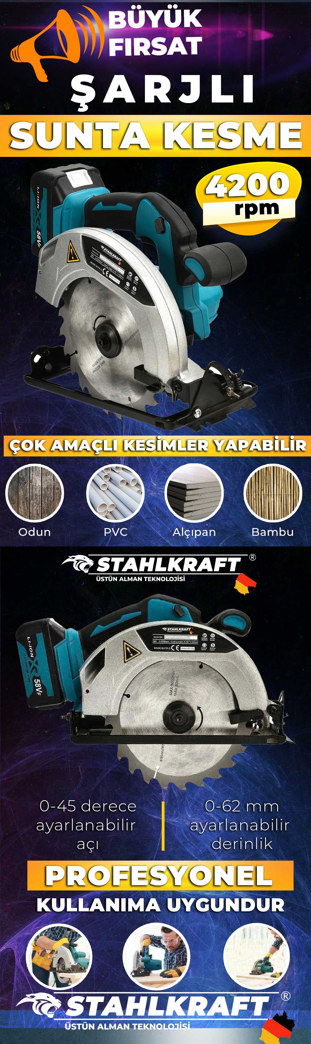 STAHLKRAFT STH 9946 58 VF 5 Lü MAX Plus Set Torklu Vidalama + Somun Sıkma + Hilti + Matkap + Taşlama + Daire Testere Yaprak